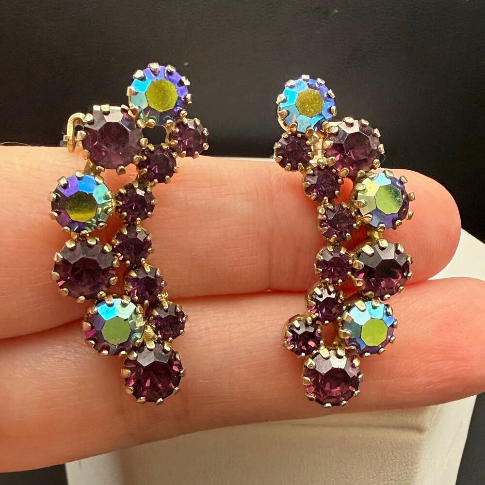 Vintage Purple Rhinestone Aurora Borealis Ear Climber Clip On Earrings Gold Tone